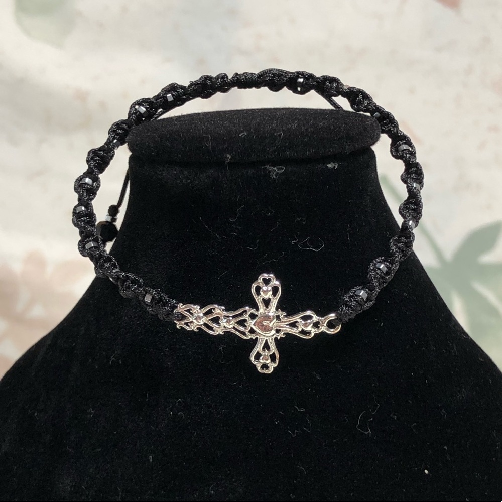 Hand Made Adjustable Macrame Bracelet w/ Hematite Accents, Sterling Silver Cross